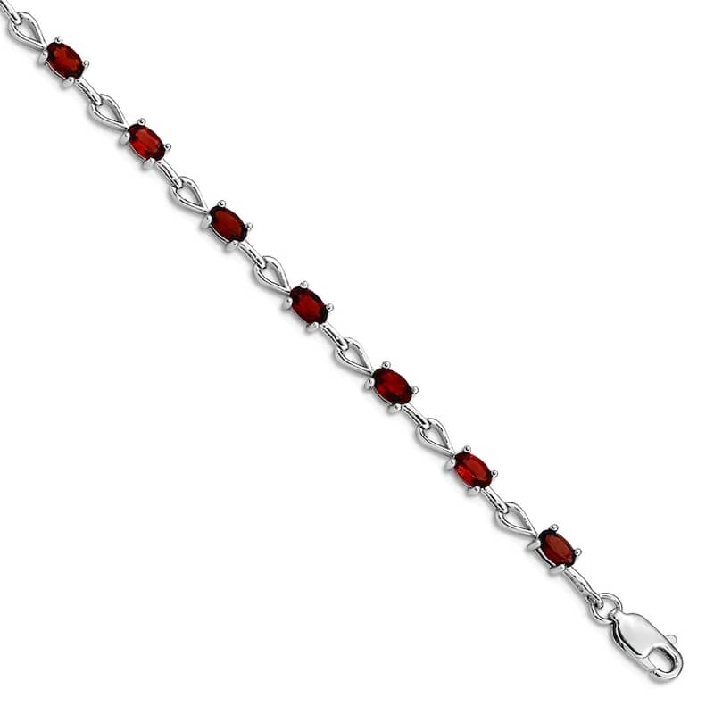 Curata 925 Sterling Silver 7" Emerald-cut Garnet Heart Link Bracelet