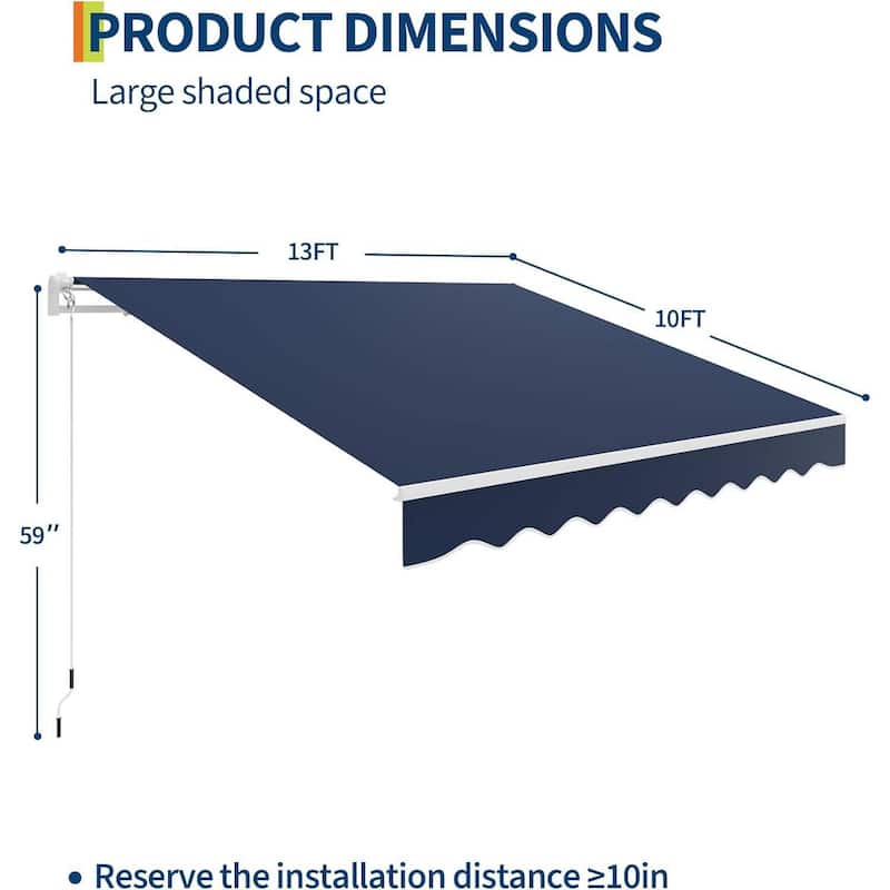 13'x10' Retractable Waterproof Patio Awning, Sun Shade Awning with Manual Crank Handle - N/A