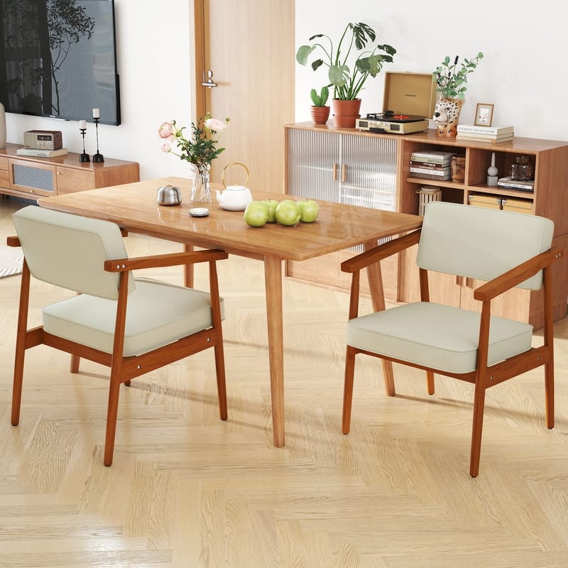 Walnut Faux Leather Upholstered Dining Chair Padded Armchair Solid Wood Open Back