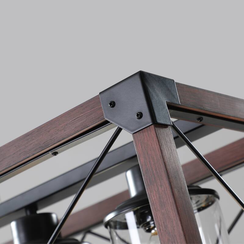 32" Wood Industrial Farmhouse Rectangle Pendant Light, 5-Light Chandelier with Lampshade for Dining Room (No Bulbs)