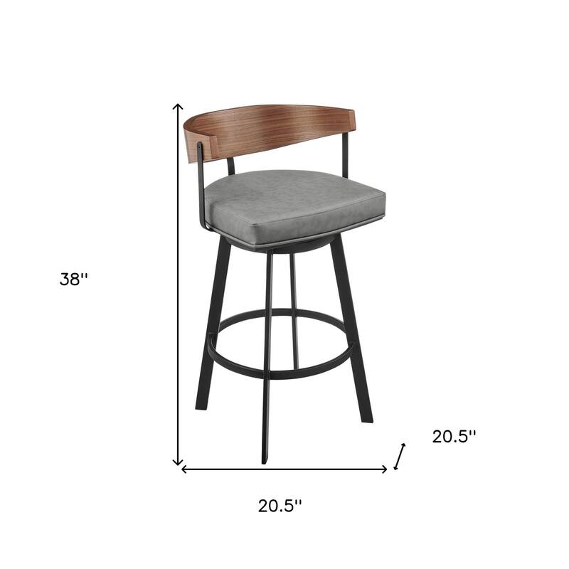 HomeRoots 30" Gray Brown and Black Faux Leather and Iron Low Back Bar Height Swivel Bar Chair