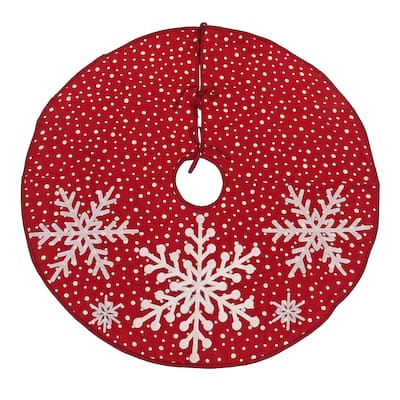 National Tree Company 52 in. HGTV Home Collection Tree Skirt Red Base With White Snowflake Embroidery And Dot Print, Red - 52 in
