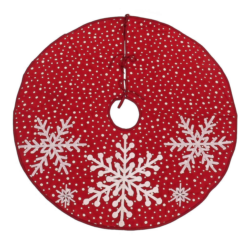 National Tree Company 52 in. HGTV Home Collection Tree Skirt Red Base With White Snowflake Embroidery And Dot Print, Red - 52 in