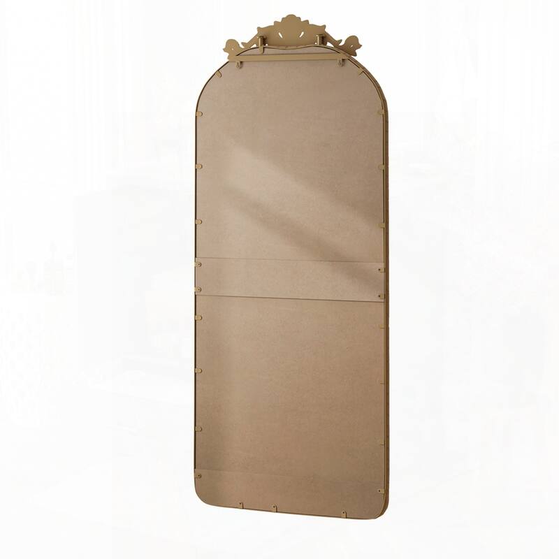 Arched Full Body Mirror with Vintage Ornate Carved Applique on Top and Bottom - 58"x24"