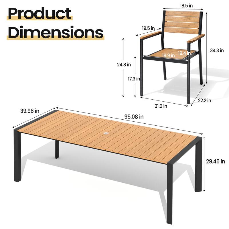 Set of 9 Outdoor Patio Dining Set WoodLike Table Top Aluminum Umbrella Hole Table with Stackable Dining Chairs