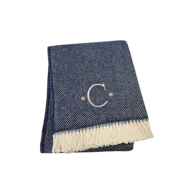 HomeRoots 55" X 70" Navy Blue And White Herringbone Cotton Blend C Initial Throw Blanket with Tassels And Embroidery