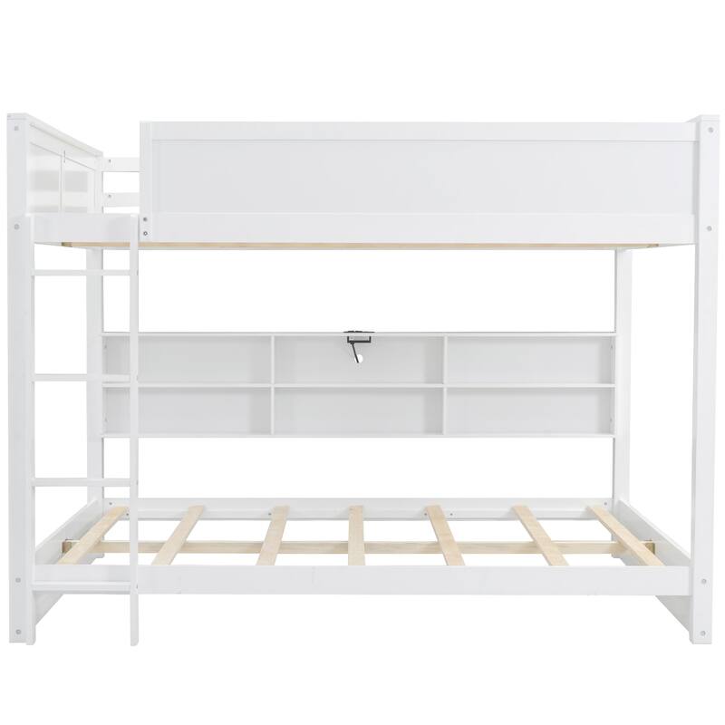 Queen Over Queen Bunk with Built-in Charging Ports, Shelving & Guardrails, Wood Construction