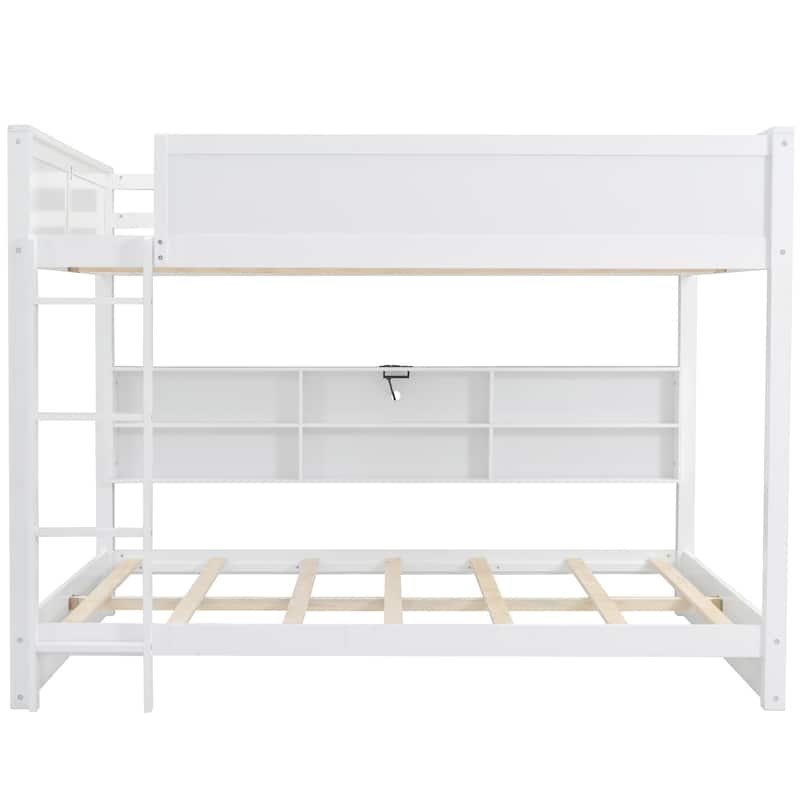 White Queen over Queen Solid Wood Bunk Bed with Storage and USB