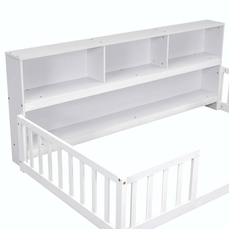 Floor Bed with Bedside Bookcase,Shelves,Guardrails