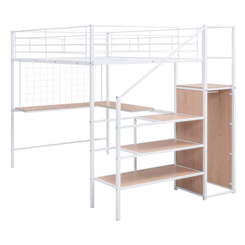 Full Size Metal Loft Bed with L-Shaped Desk, Wardrobe & Storage Ladder, White