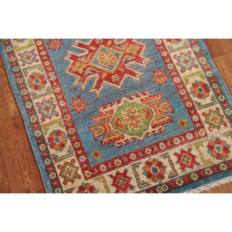 Blue Kazak Oriental Accent Rug Hand-Knotted Geometric Wool Carpet - 2'0" x 3'0"
