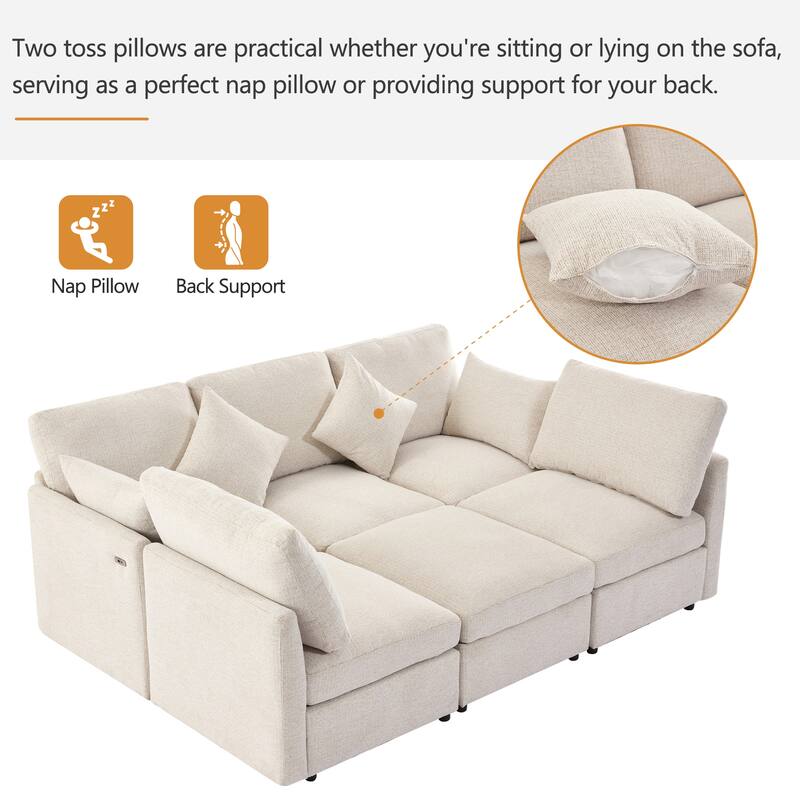 L-Shaped Modular Sectional Sofa Convertible U-Shaped Sofa Bed with Movable Ottoman and 2 USB Ports, 2 Pillows, Chenille 5 Seat