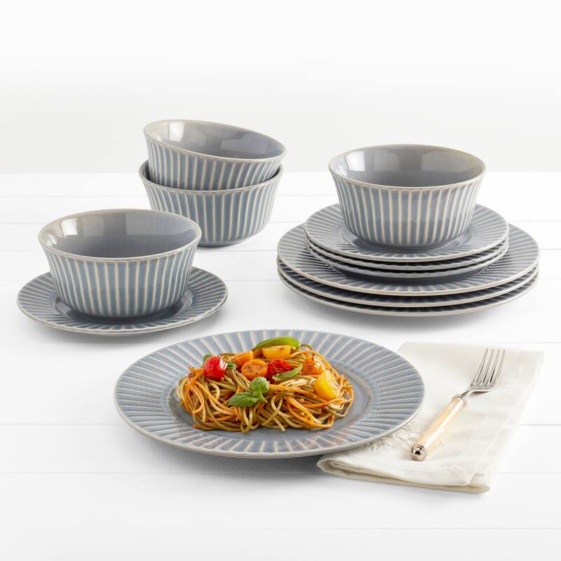 Tabletops Gallery Richmond Collection- 12 Piece Stoneware Embossed Dinnerware Set in Gray