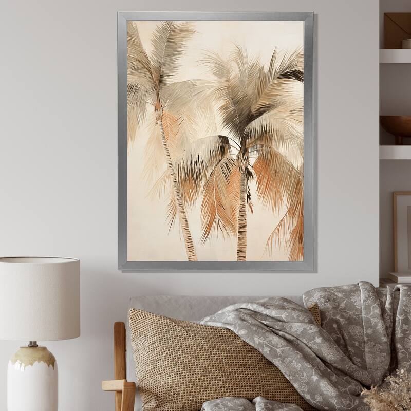 Designart "Minimalism Vintage Tropical Tranquility Palm Trees II" Palms & Palm Trees Framed Wall Art Prints - 12 in. wide x 20 in. high - Silver