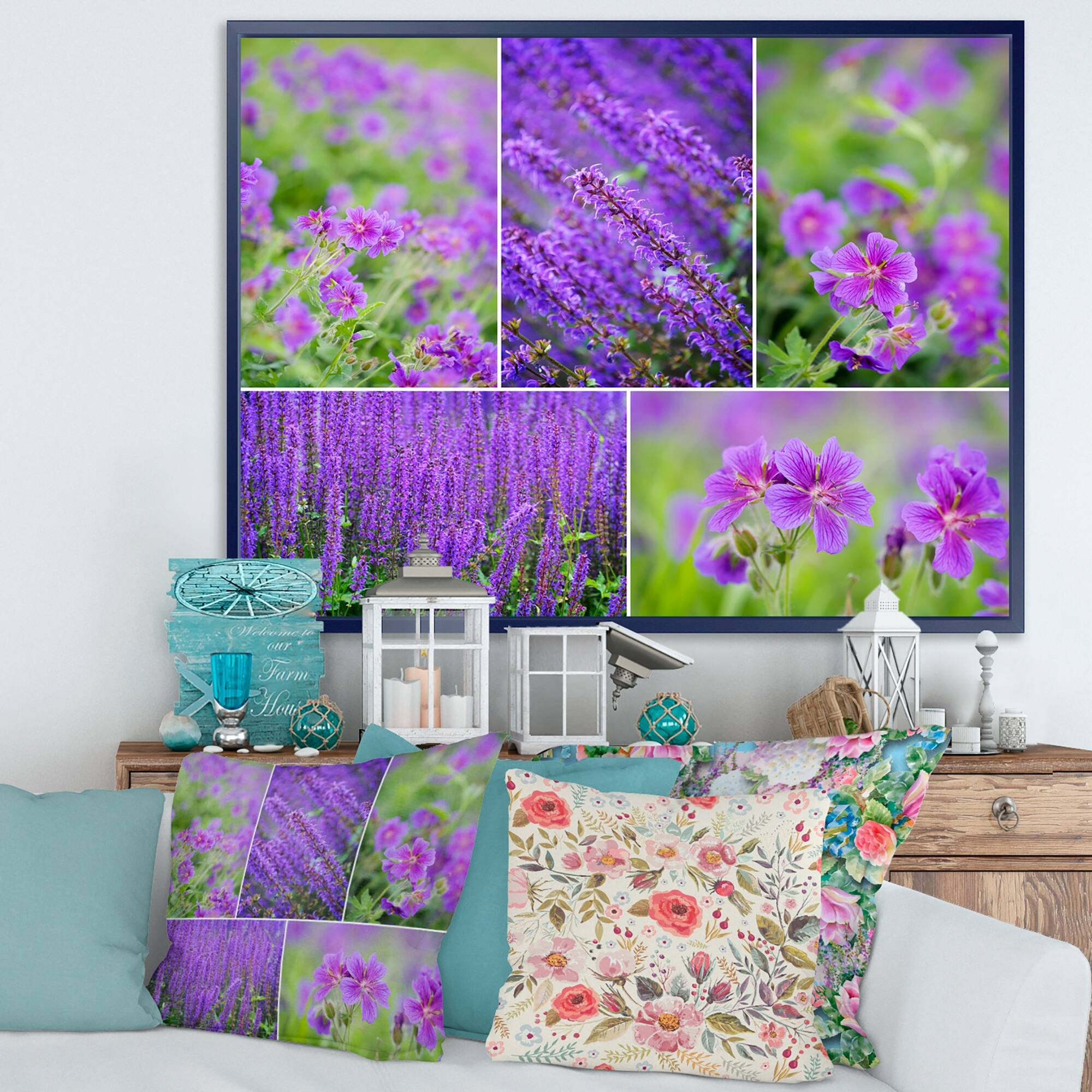 Designart "Blue Spring Flowers Collage" Floral Framed Canvas Art Print
