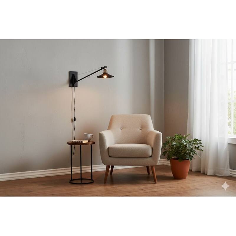 47" Black Metal Wall Sconce With Antique Brass Hardware