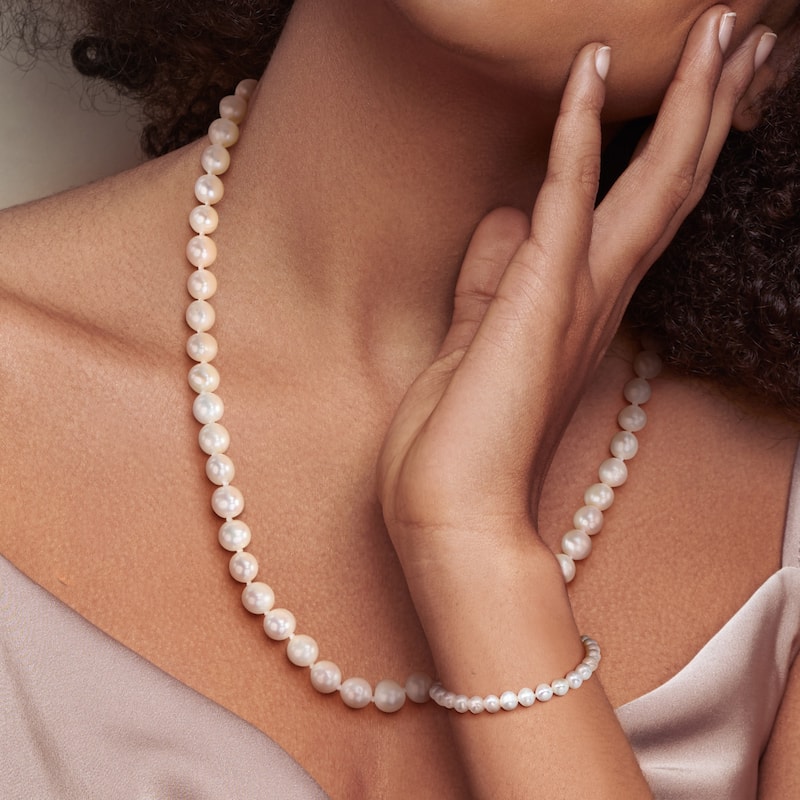 Miadora 7-8mm Cultured Freshwater Pearl Necklace and Elastic Bracelet Set Goldtone Clasp - 18 in