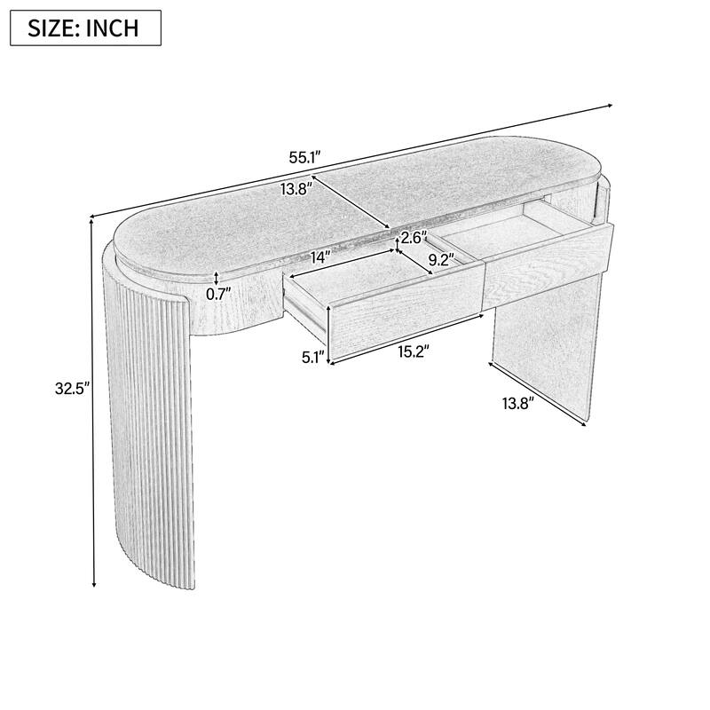 Entryway Table with Natural Wood Grain Finish, Console Table with Fluted Design, Oval Top and 2 Drawers