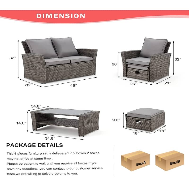 6-Piece Outdoor Sectional Sofa Set, PE Wicker Patio Furniture with Storage Coffee Table & Ottoman, Cushions, for Garden