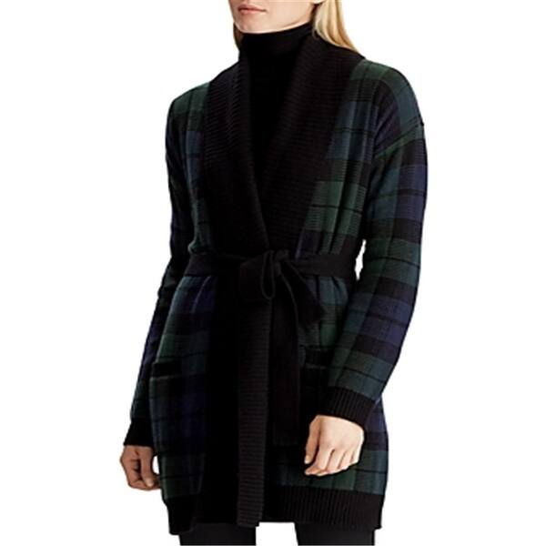 Ralph Lauren Women's Plaid Shawl Collar Wrap Cardigan Black Size Small