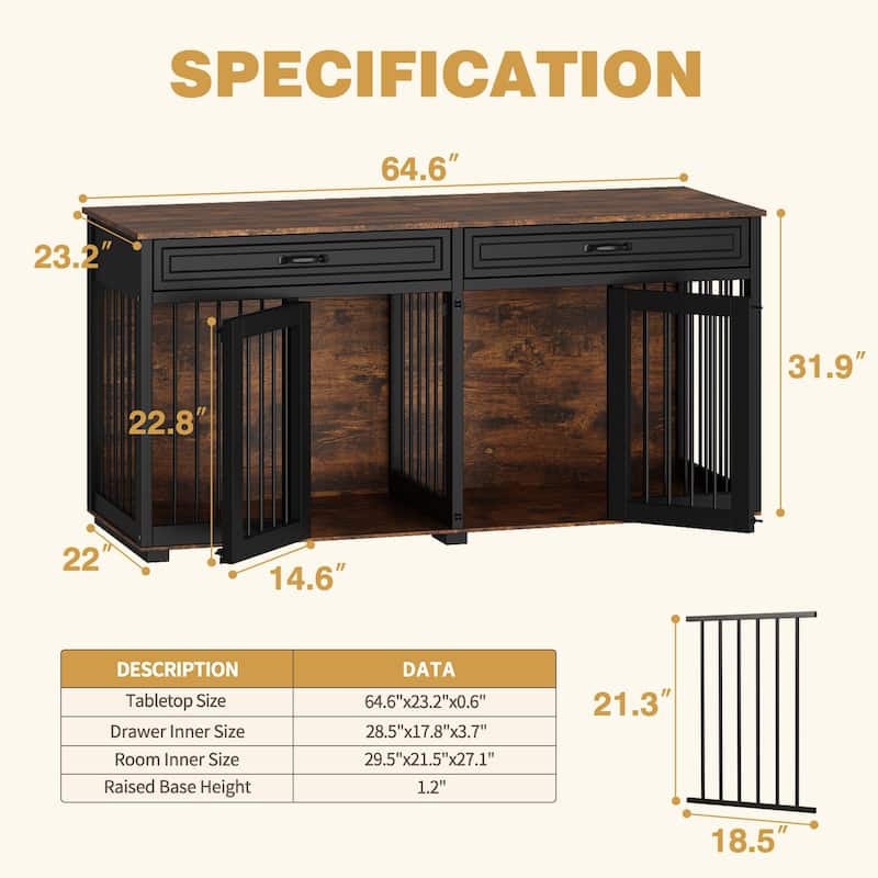 Furniture Style Double Dog Crate with Drawers, 64.6" Wooden Pet Kennel End Table, Removable Divider, Heavy Duty Metal Bars