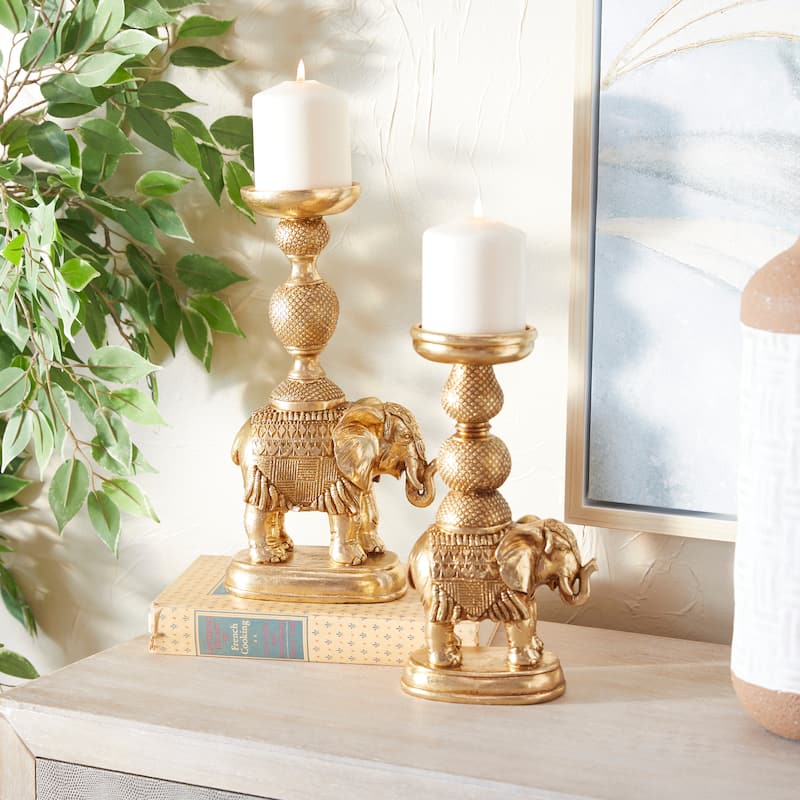 Gold Polystone Elephant Candle Holder (Set of 2) - Gold