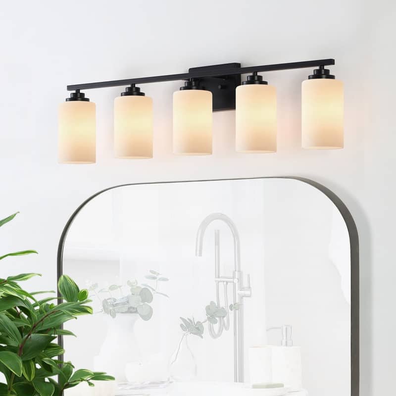 KAWOTI Rive 5-Light Modern Bathroom Vanity Light Frosted White Glass