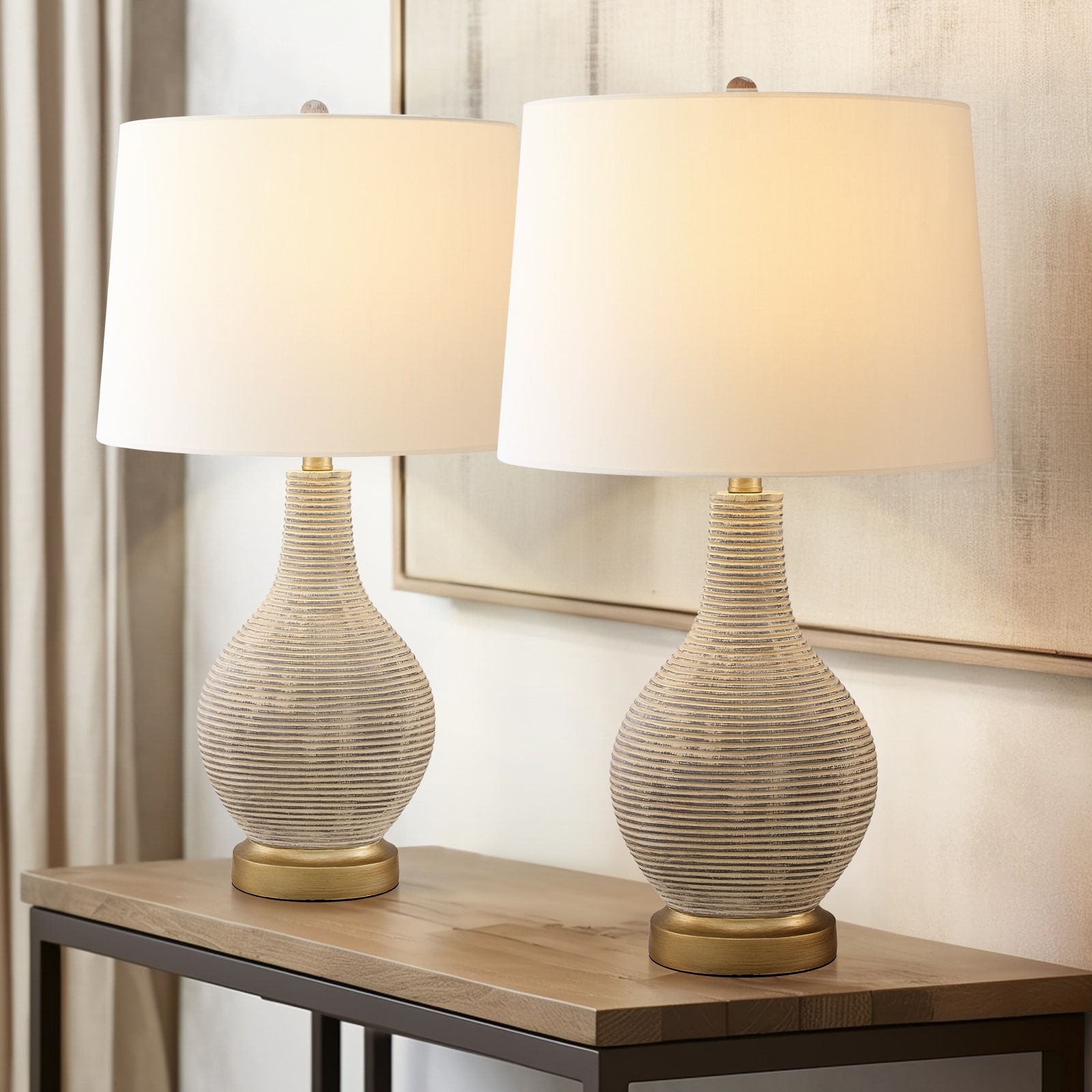 24.5-inch Washed Beige/Gold Farmhouse Table Lamp with White Linen Shade (Set of 2)