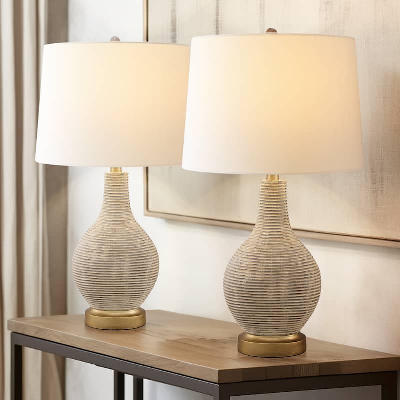 24.5-inch Washed Beige/Gold Farmhouse Table Lamp with White Linen Shade (Set of 2) - 24.5" H - 24.5" H