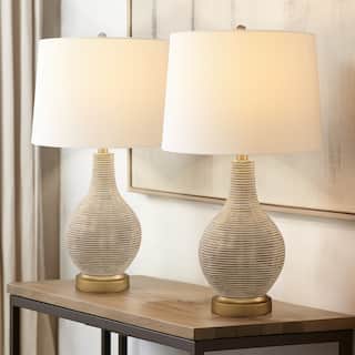 24.5-inch Washed Beige/Gold Farmhouse Table Lamp with White Linen Shade (Set of 2) - 24.5" H