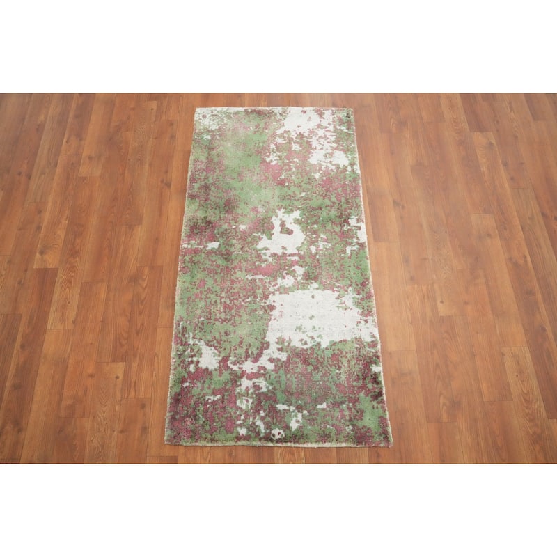 Hand Knotted Oriental Viscose Silk Carpet Modern All-Over Green Abstract Area Rug - 4' 0'' X 2' 0''