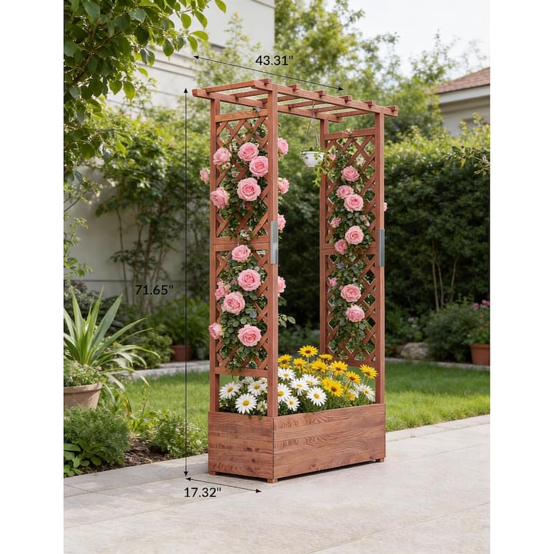 Raised Wooden Planter Box, with Trellis and Drainage Holes