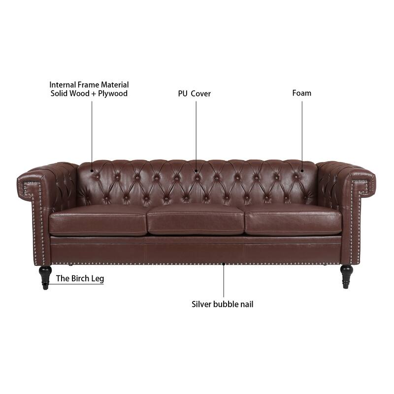 83.66 Inch Width Traditional 3 Seater Dark Brown PU Sofa