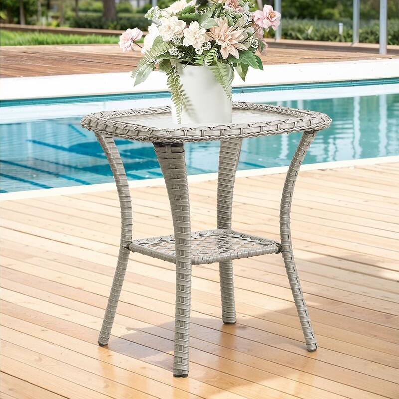Stylish Outdoor Wicker side Table with Glass Top - Side Table - Light Grey