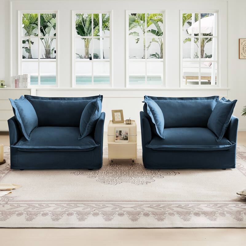 2-Piece Accent Chair with Deep Seat, Lounge Chair with High Back Pillows, Leisure Armchair with Removable Chenille Covers - Blue