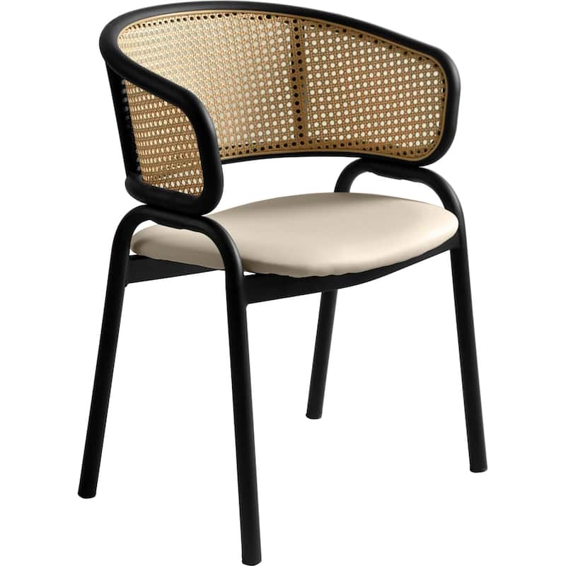 LeisureMod Modern Leather Dining Chair with Wicker Back & Black Steel Frame - Accent Side Armchair for Home Furniture - Beige