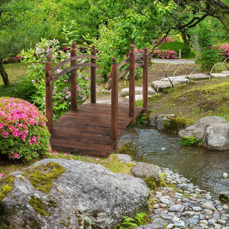 Solid Fir Wood Garden Bridge with Arch Design and Side Rails for Gardens Ponds and Landscaping - Brown