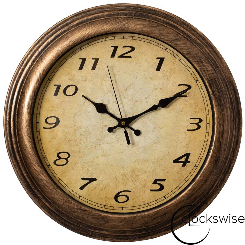Clockswise 12" Round Decorative Singing Bird Wall Clock Battery-Operated with Wild Nature Sounds Hourly Chime - Rustic Gold 16 Inch