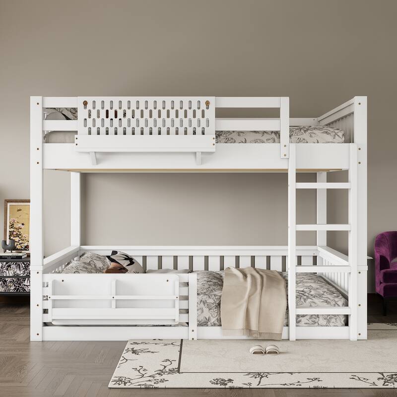Wooden Bunk Bed of 3 Kinds Size with Pegboard, Bookshelf and Guardrails, Detachable Bunk Bed Convertible 2 Platform Beds - White - Queen