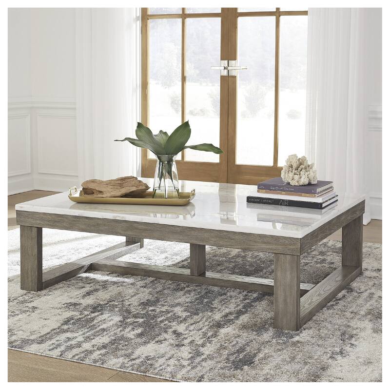 Signature Design by Ashley Loyaska Grayish Brown / Ivory Rectangular Coffee Table - 56"W x 42"D x 17"H - Marble - 56"W x 42"D x 17"H - Brown