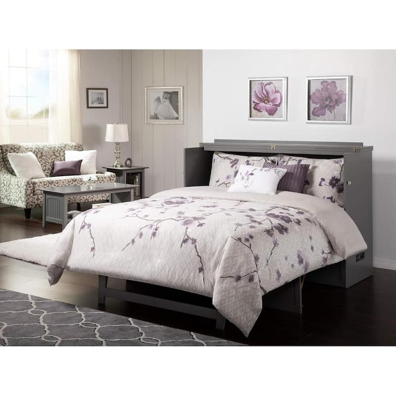 Murphy Bed Chest with Charging Station - Space Saving Fold Out Bed - Modern Grey Storage Furniture