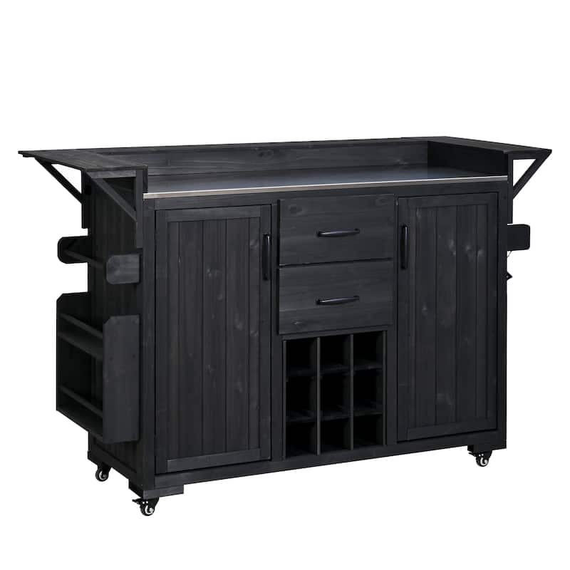 60.2"W Rolling Outdoor Kitchen Island with Wheels and Stainless Steel Top, Wood Grill Cart with Spice Rack&Wine Rack