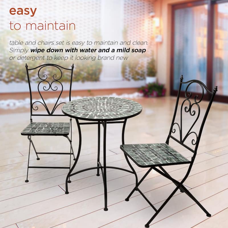 Alpine Corporation Indoor/Outdoor Marbled Glass Mosaic 3-Piece Bistro Set Folding Table and Chairs Patio Seating