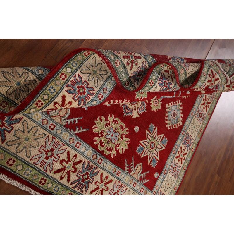 Red Geometric Kazak Rug Hand-Knotted Traditional Wool Carpet - 5'0" x 7'0"