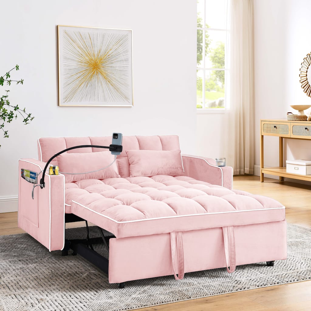 Convertible Sofa Bed with USB Ports, 3 in 1 Velvet Sleeper Sofa Pull Out Bed with Adjustable Back, Ashtray & Swivel Phone Stand