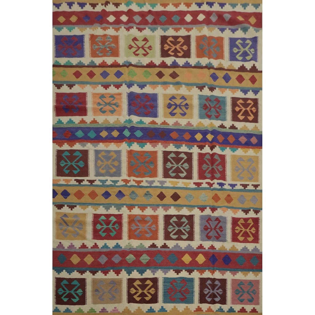 Hand Woven Oriental 100% Wool Carpet Southwestern Tribal Multi-Colored Kilim Area Rug - 12' 0'' X 8' 8''