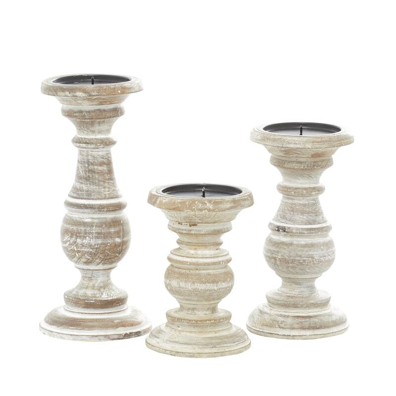Mango Wood Distressed Turned Pillar Decorative Candle Holder - Set of 3 - Roche River Decor