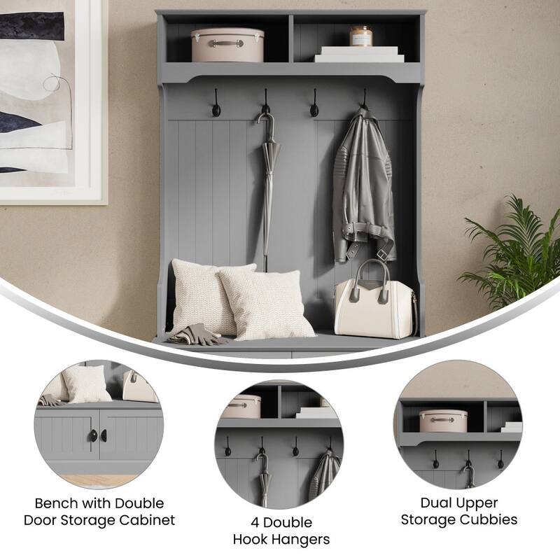 Hall Tree with Storage Bench, Upper Cubbies and 4 Double Coat Hooks - 18.5"D x 39.25"W x 65"H