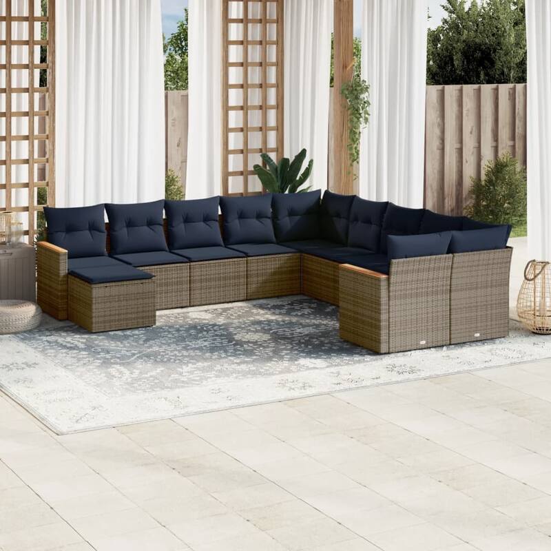 vidaXL 11/12 Piece Patio Sofa Set with Cushions Black/Gray Poly Rattan - 24.4 x 24.4 x 27.2 - Gray Without table