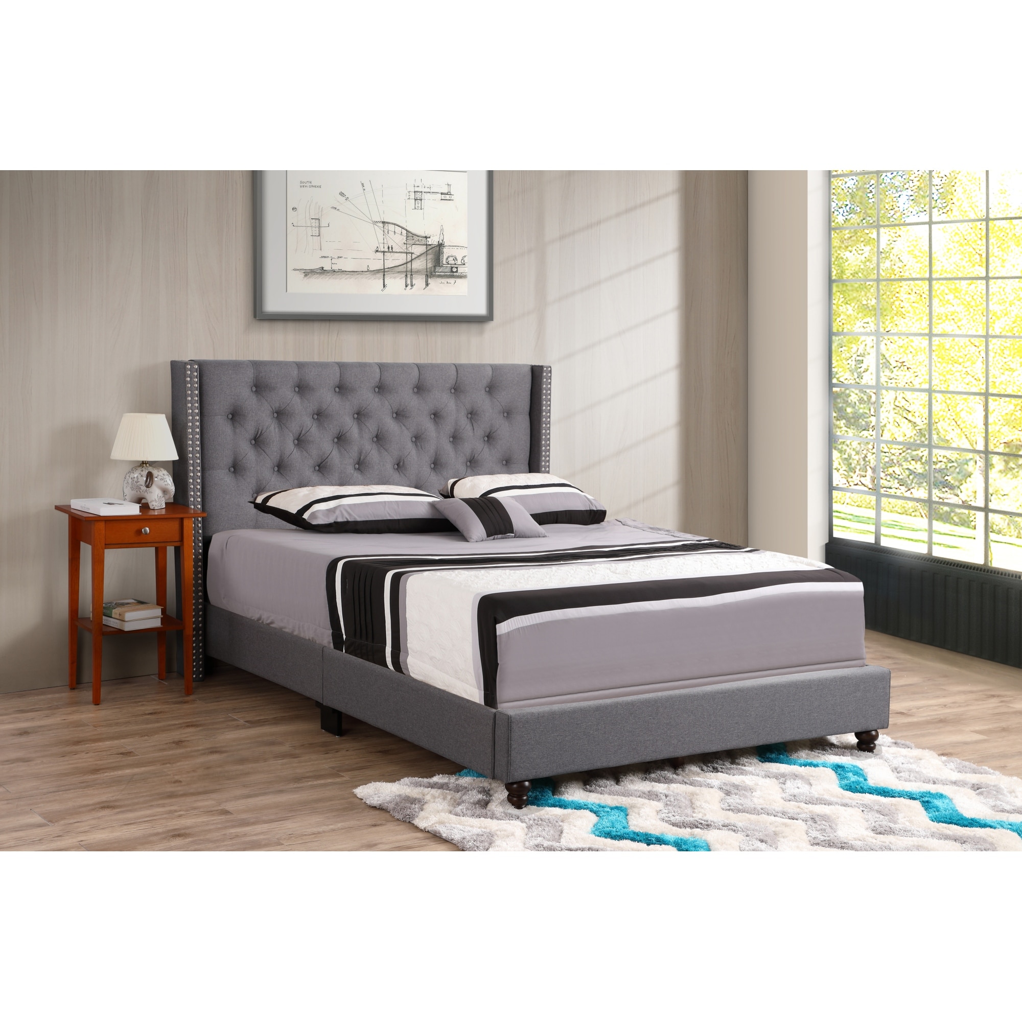 Roomfitters Upholstered Platform Bed Frame with Elegant Wingback Nailhead Trim Headboard, No Box Spring Required